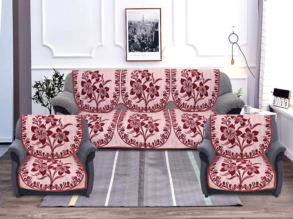 Kuber Industries Flower Print 6 Piece Velvet 5 Seater Sofa Cover Use Both Side, Living Room, Drawing Room, Bedroom, Guest Room - Maroon-KUBMART011152