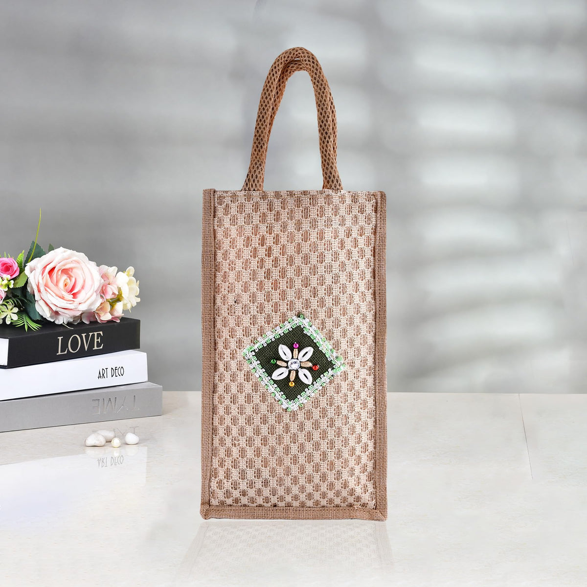 Kuber Industries Lunch Bag | Jute Carry Bag | Lunch Handbag | Lunch Bags for Office | Reusable Lunch Bag with Handle | Tiffin Carry Patch Hand Bag | Small | Brown