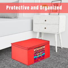Heart Home Saree Cover | Zip Closure Saree Cover | Clothes Storage Bag | Wardrobe Organiser for Suit | Transparent Window Saree Cover | Dot Border-Design | 9 inch | Pack of 3 | Red