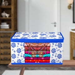 Heart Home Saree Cover | Zip Closure Saree Cover | Clothes Storage Bag | Wardrobe Organiser | Transparent Window Saree Cover | Flower-Design | 9 inch | Pack of 6 | Blue