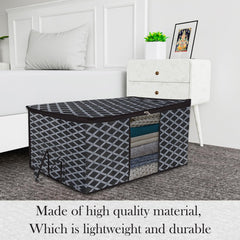 Heart Home Underbed Storage Bag | Clothes Storage Organizer | Blanket Cover with Clear Window | Zipper Closure & Handle Cloth Organizer | Check-Design | Large | Pack of 4 | Black