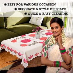 Kuber Industries Center Table Cover | Cotton Pink Flower Pattern Table Cover | Luxurious Net Tablecloth | Tea Table Cover for Living room | 40x60 Inch | Cream