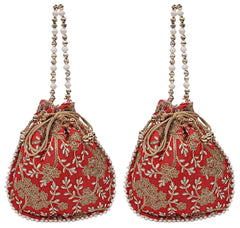 Kuber Industries Silk Embroidered 2 Pieces Women Potli Bag (Red),CTKTLUG975
