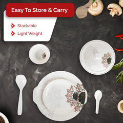 Heart Home 32 Pieces Round Melamine Microwave & Dishwasher Safe Dinnerware Kitchen Crockery Set | Glossy Dinner Sets & Kitchen Set for Home | Stylon Blue Vector Flower - White