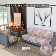 Heart Home Sofa Cover | Net Sofa Slipcover Set | Sofa Cover for Living Room | Sofa Slip Cover for Hall | 5-Seater Sofa Cover for Home Decor | Sofa Cover Set | Peacock-Design | 10 Piece | Cream
