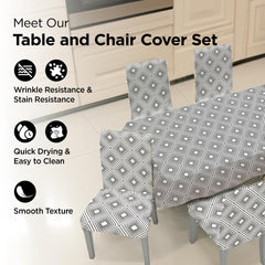 Kuber Industries Set of 7 Waterproof & Oil Repellent Dining Table Chair Cover 6 Seater Full Set | Washable & Dustproof Seat Cover Protector Slipcover | Square Design - Grey and White