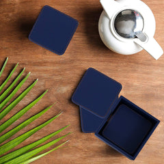 Heart Home Tea Coaster|Soft Leather Heat Insulation Tabletop Coasters|Decorative Holder for Tea, Coffee & Office Desk with Stand Set of 6 (Blue)