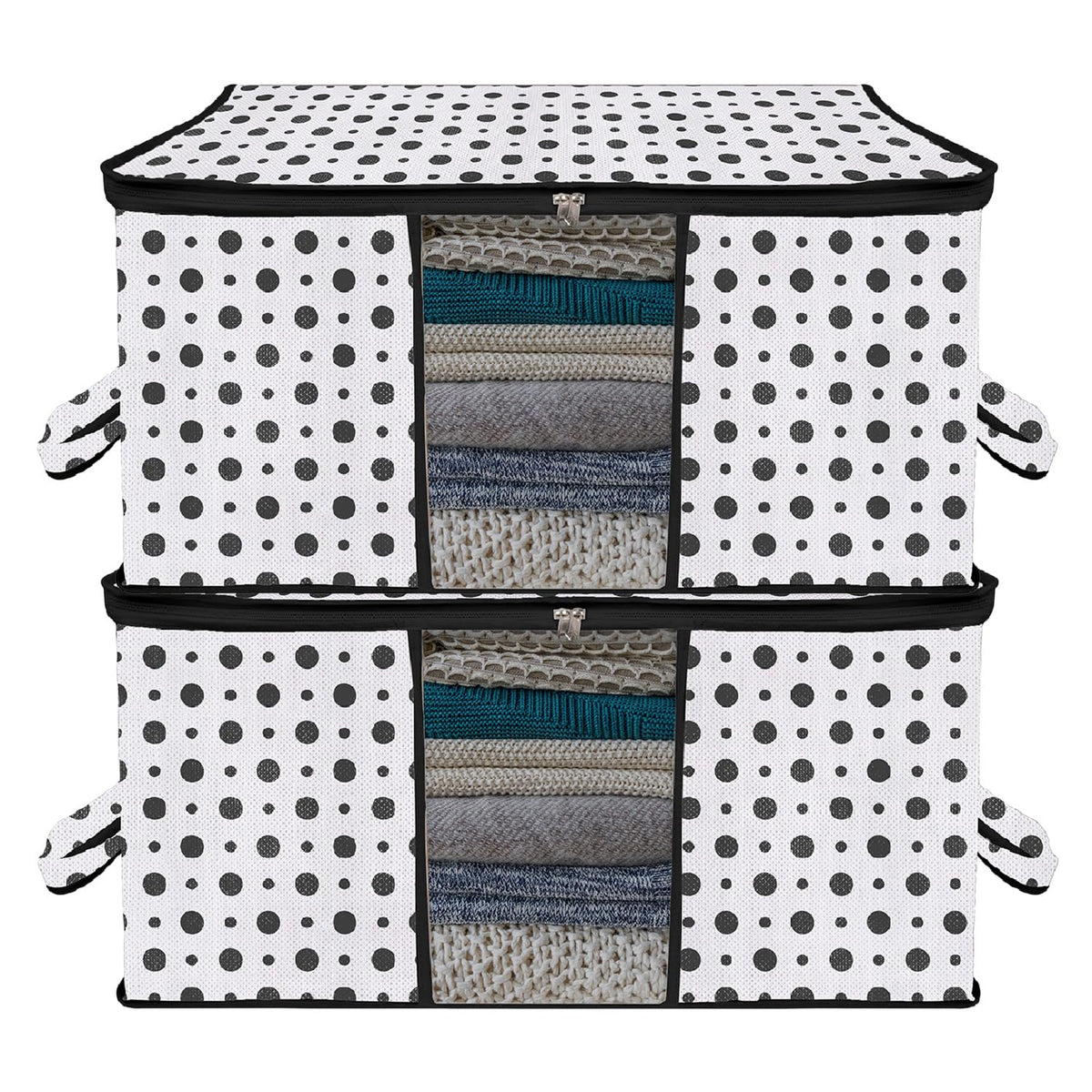 Heart Home Underbed Storage Bag | Clothes Storage Organizer | Blanket Cover with Clear Window | Zipper Closure & Handle Cloth Organizer | Dot-Design | Large | Pack of 2 | Black