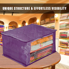 Heart Home Saree Cover | Zip Closure Saree Cover | Clothes Storage Bag | Wardrobe Organiser for Suit | Transparent Window Saree Cover | 9 inch | Pack of 3 | Purple