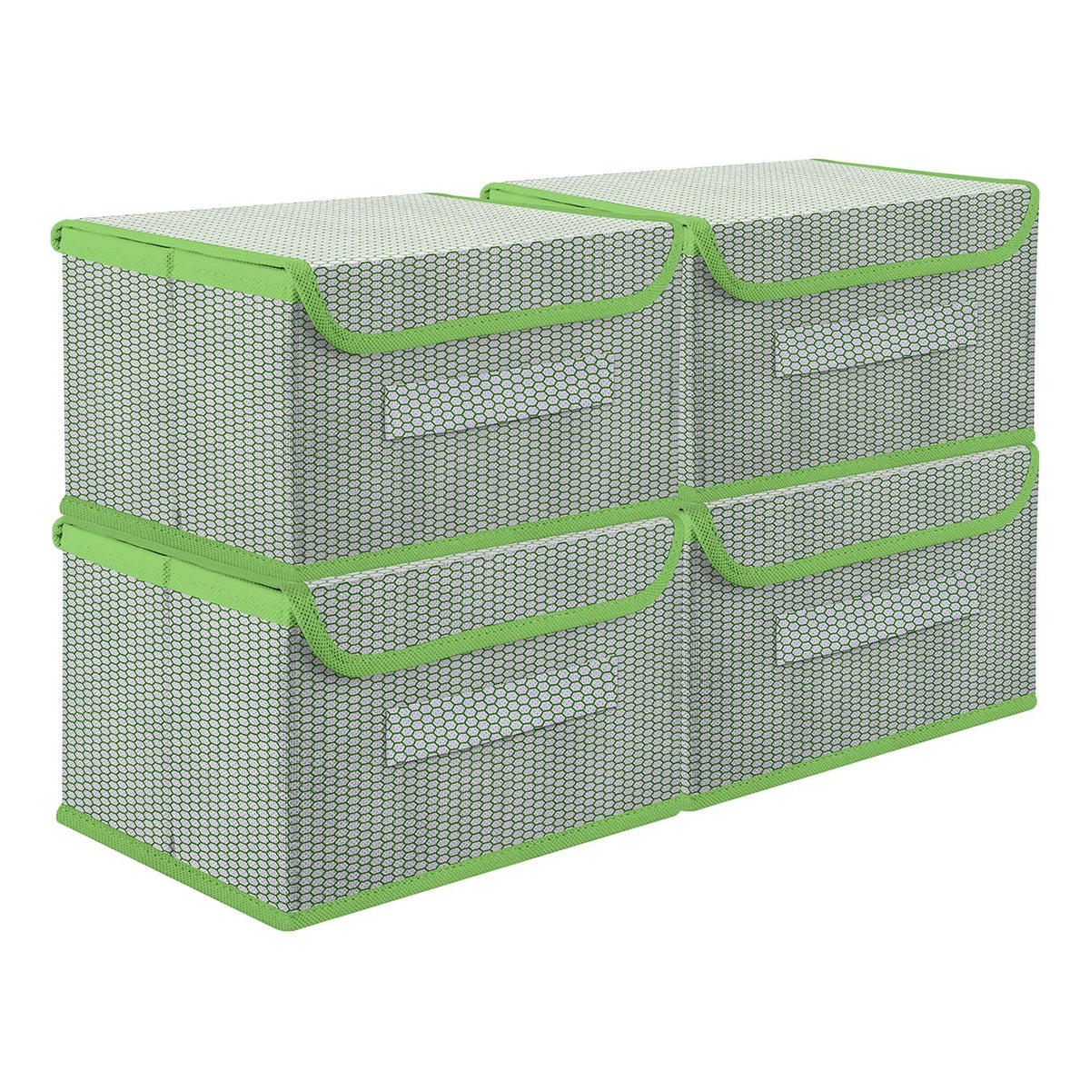 Heart Home Drawer Storage Box | Zig Zag Dhakkan Storage Box | Non-Woven Clothes Organizer For Toys | Storage Box with Handle | Small | Pack of 4 | Green