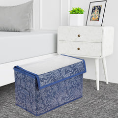 Kuber Industries Drawer Storage Box|Clothes Drawer Organizer with Handle|Transparent Lid with Velcro|Wardrobe Organizer for Books|Flower Printed Dhakkan Storage Box|Small|Navy Blue