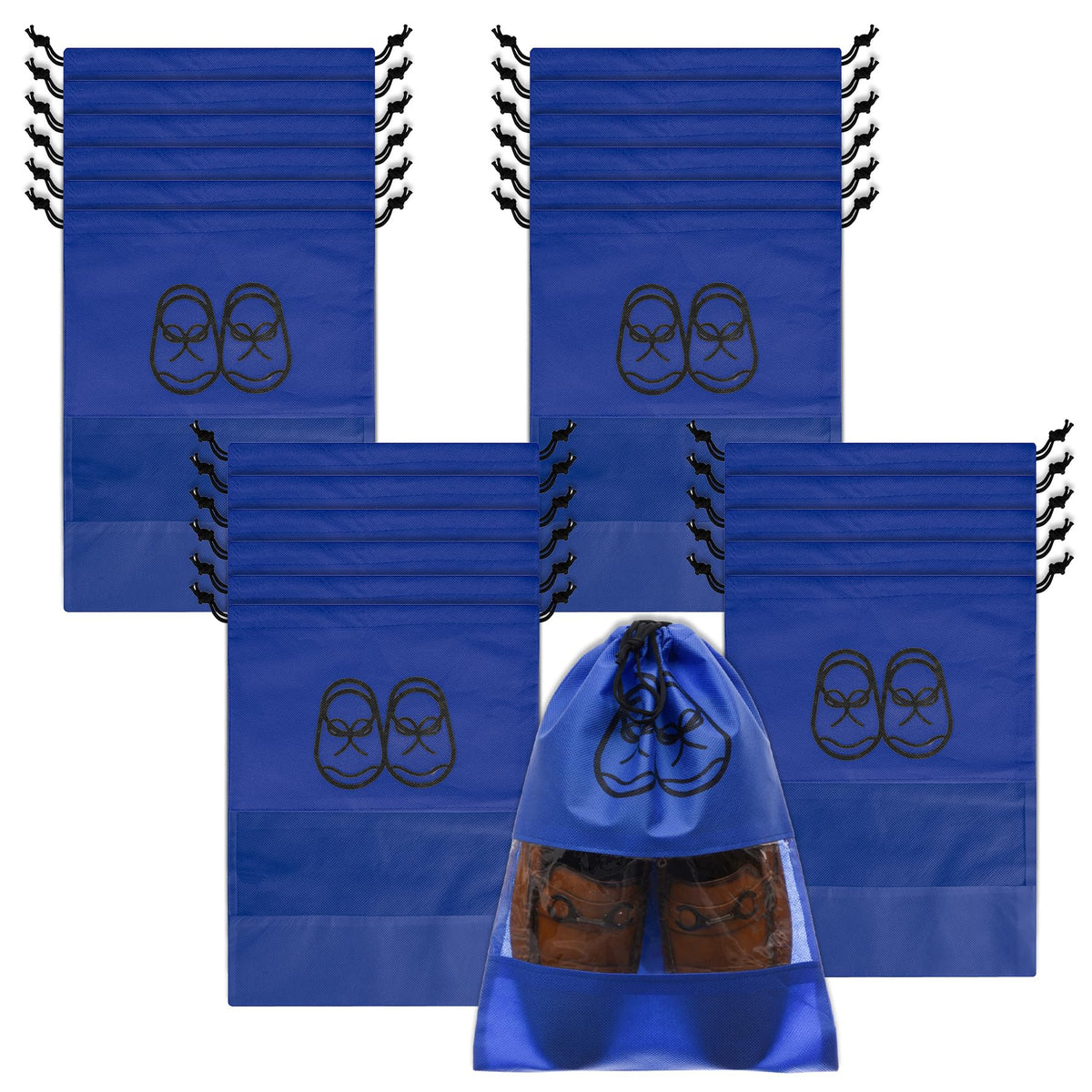Heart Home Shoe Cover | Travel Shoe Storage Bags | Non-Woven Storage Bag | Shoe Cover with Drawstring | Shoe Organizer with Clear window | Plain | Pack of 24 | Blue