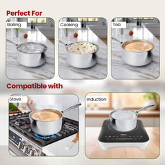 Heart Home Hard Anodised Non Stick Sauce Pan with Lid & Handle | Heat Resistant Gas Stove & Induction Sauce Pan for Tea, Coffee & Milk | Boiling Pot Vessel | Silver