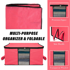 Heart Home Underbed Storage Bag | Clothes Storage Organizer | Blanket Cover with Clear Window | Zipper Closure & Handle Cloth Organizer | Plain Black Border | Large | Pack of 3 | Pink