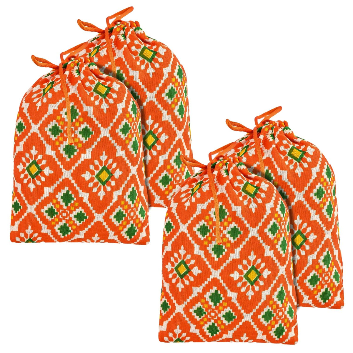 Kuber Industries Potli | Silk Wedding Potli | Drawstring Closure Potli | Wallet Potli | Christmas Gift Potli | Baby Shower Potli | Small-Patola-Print Potli | 5x7 Inch | Pack of 4 | Orange