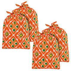 Kuber Industries Potli | Silk Wedding Potli | Drawstring Closure Potli | Wallet Potli | Christmas Gift Potli | Baby Shower Potli | Small-Patola-Print Potli | 5x7 Inch | Pack of 4 | Orange