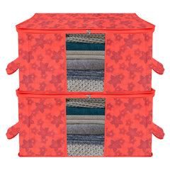 Heart Home Underbed Storage Bag | Clothes Storage Organizer | Blanket Cover with Clear Window | Zipper Closure & Handle Cloth Organizer | New Flower-Design | Large | Pack of 2 | Red