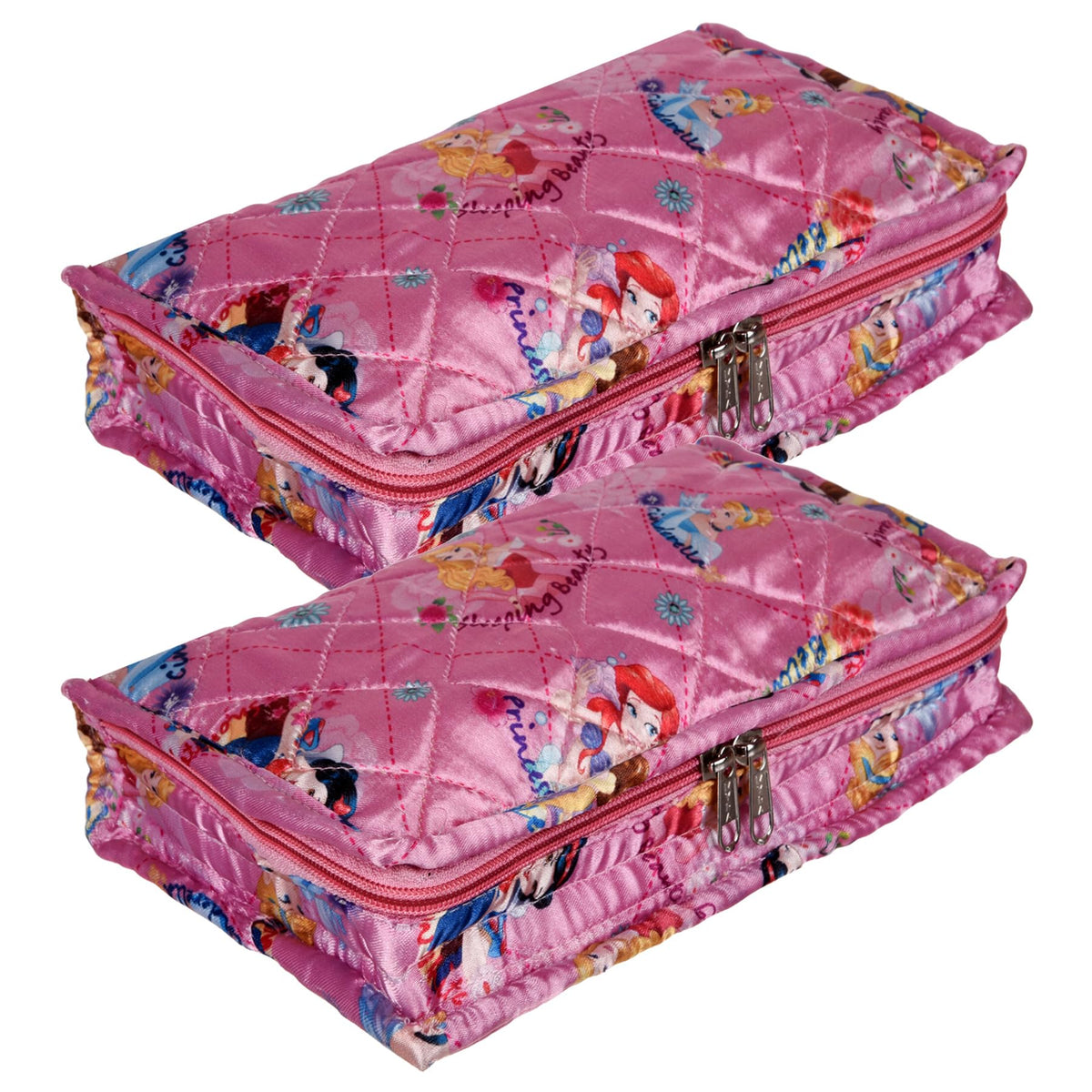 Kuber Industries Disney Princess Jewellery Kit | Satin Digital Jewellery Kit | 6 Flappable Pouches & 1 Extra Compartment | Cosmetic Kit for Necklace | Bracelet | Pack of 2 | Pink