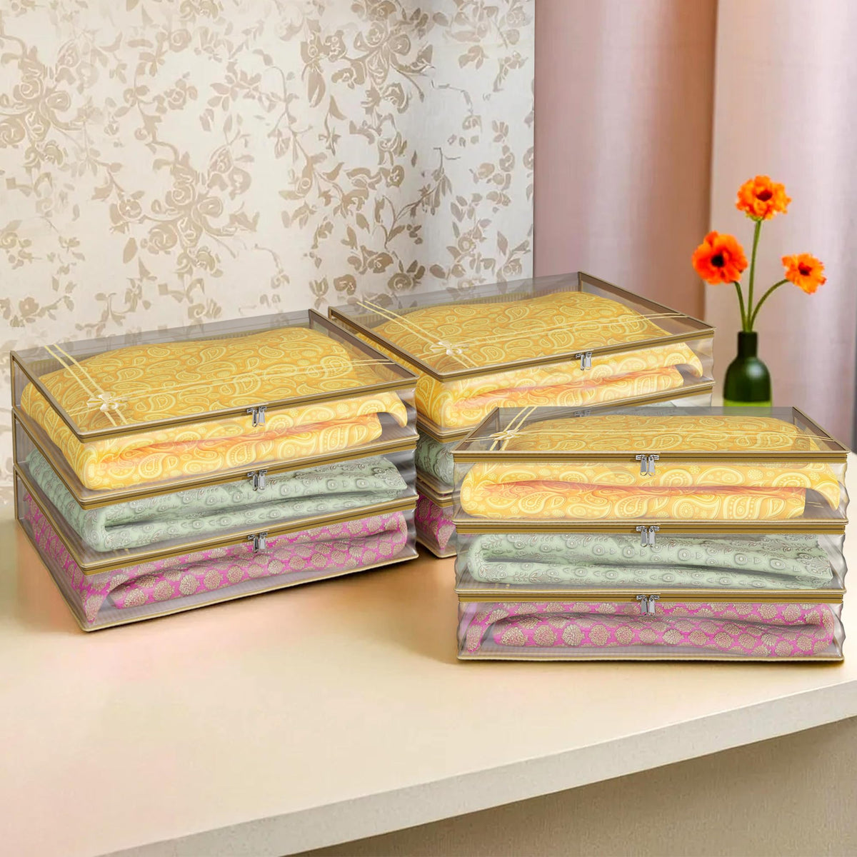 Heart Home Saree Cover | Clothes Storage Bag | Suit Packing Cover | Cloth Stoarge Organizer | Wardrobe Cloth Storage Organiser with Zip | Lining Bow Transparent | 3 Inch | Pack of 9 | Gold