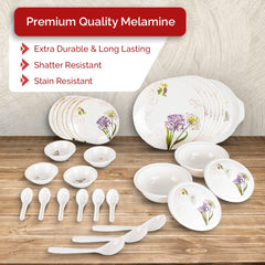 Kuber Industries 32 Pieces Round Melamine Microwave & Dishwasher Safe Dinnerware Kitchen Crockery Set | Glossy Dinner Sets & Kitchen Set for Home | Stylon Purple Floral - White