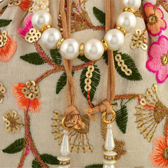 Kuber Industries Potli|Silk Wedding Potli|Christmas Gift Potli|Baby Shower Potli|Traditional Shagun Potli|Drawstring with Beads Handle Potli|New Flower Embroidery Potli|Pack of 2|Cream