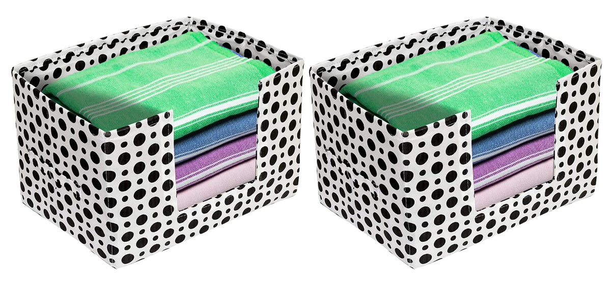 Heart Home Dot Printed Multiuses Non-Woven Closet Organizer, Storage Bin, Shelf Storage Oragnizer With Handle- Pack of 2 (Black & White)-HS43HEARTH26415