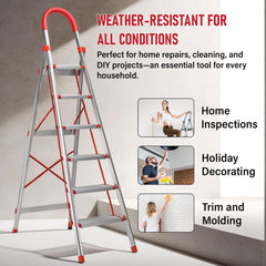 Kuber Industries 6 Step Heavy-Duty Foldable Aluminium Ladder with Wide Pedals and Hand Grip for Home and Office Use | Anti Slip Step Staircase for Home | Supports 150+ Kgs | Silver & Red