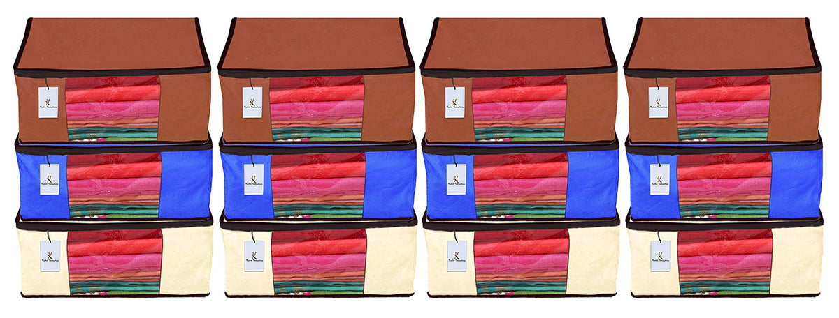 Kuber Industries 12 Piece Non Woven Fabric Saree Cover Set with Transparent Window, Extra Large, Ivory,Royal Blue,Dark Brown-CTKTC23802