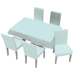 Kuber Industries Set of 7 Waterproof & Oil Repellent Dining Table Chair Cover 6 Seater Full Set | Washable & Dustproof Seat Cover Protector Slipcover Cloth | Swirl Pattern Light Blue
