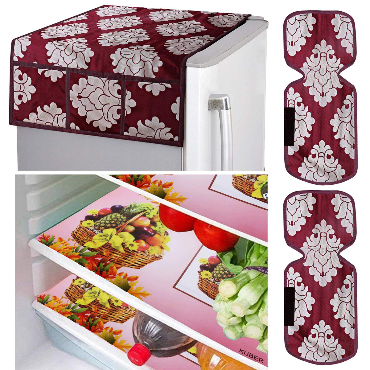 Kuber Industries Flower Design Combo PVC 3 Pieces Fridge Mats, 2 Piece Handle Cover and 1 Piece Fridge Top Cover(Maroon)