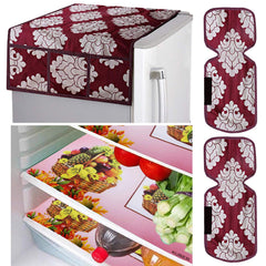 Kuber Industries Flower Design Combo PVC 3 Pieces Fridge Mats, 2 Piece Handle Cover and 1 Piece Fridge Top Cover(Maroon)