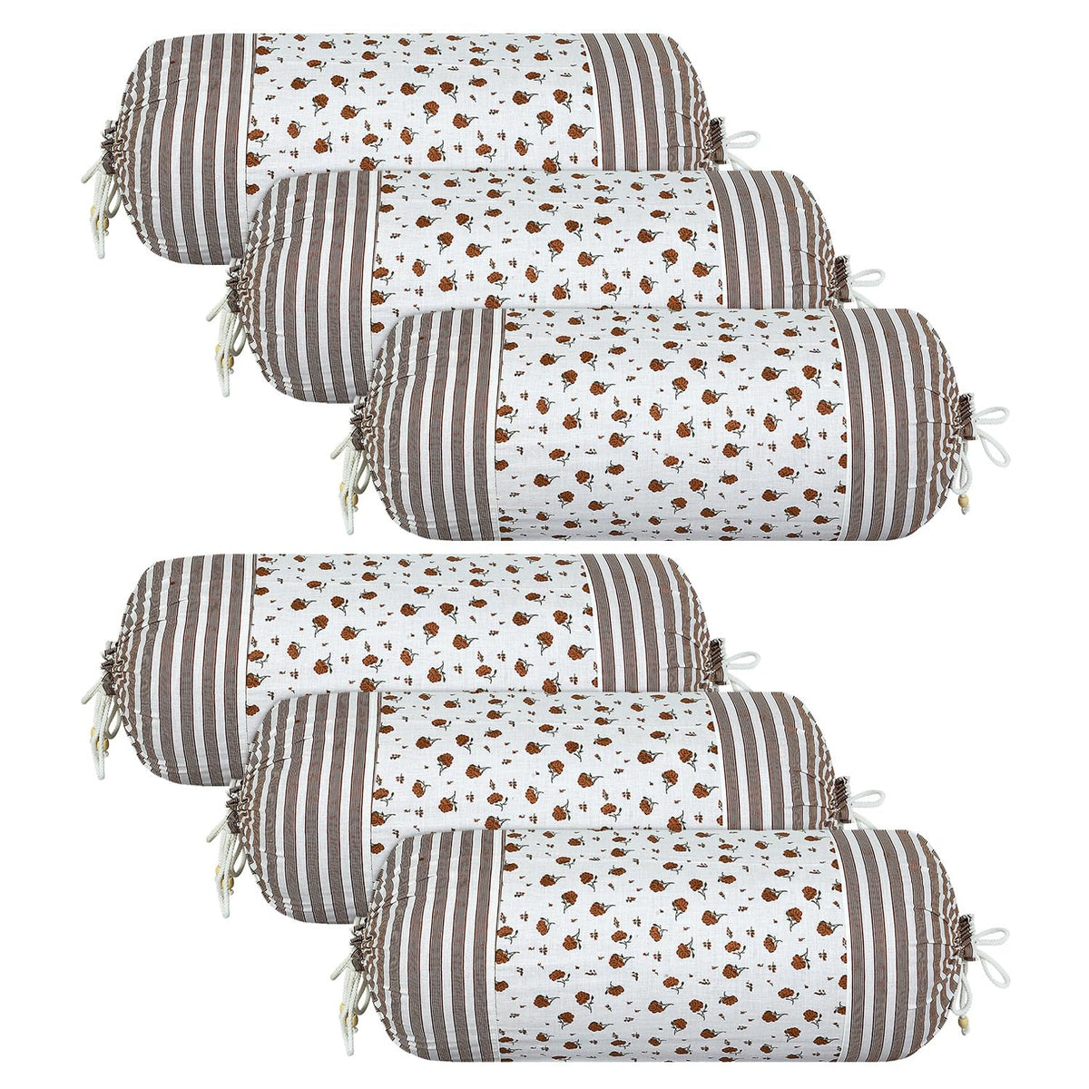 Kuber Industries Bolster Covers | Cotton Bolster Cover Set | Diwan Bolster Cover Set | Bolster Pillow Cover | Brown Flower Masand Cover | 16x32 Inch | Pack of 6 | White
