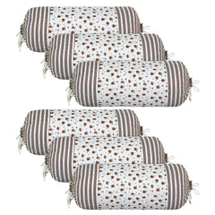 Kuber Industries Bolster Covers | Cotton Bolster Cover Set | Diwan Bolster Cover Set | Bolster Pillow Cover | Brown Flower Masand Cover | 16x32 Inch | Pack of 6 | White