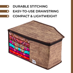 Heart Home Blouse Cover | Clothes Storage Bag | Zipper Wardrobe Organizers | Non-Woven Clothes Organiser | Side Transparent Blouse Organizer | Wooden Texture-Design | Pack of 12 | Brown
