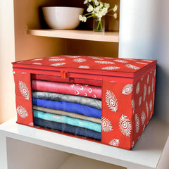 Heart Home Saree Cover | Clothes Storage Bag | Storage Organizer Bag | Zip Closure Saree Cover | Wardrobe Organizer | Peacock Feather-Design | 6 Inch | Pack of 2 | Red