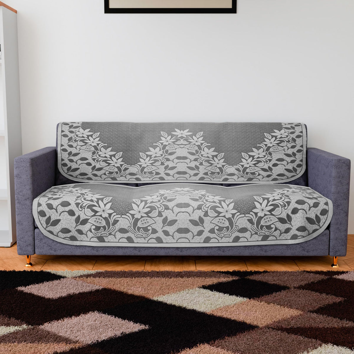 Heart Home Sofa Cover|3-Seater Sofa Cover|Cotton Sofa Slip Cover|Sofa Slipcover Set|Sofa Cover for Living Room|Flower-Long Sheet Sofa Cover|Brown