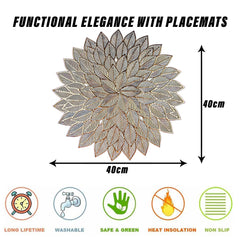 Heart Home Placemat | Placemats for Dining Room | Designer Table Mat Set | Placemats for Kitchen Table | Side Table Placemats | Round Flower Placemat | 4 Piece Set | Golden