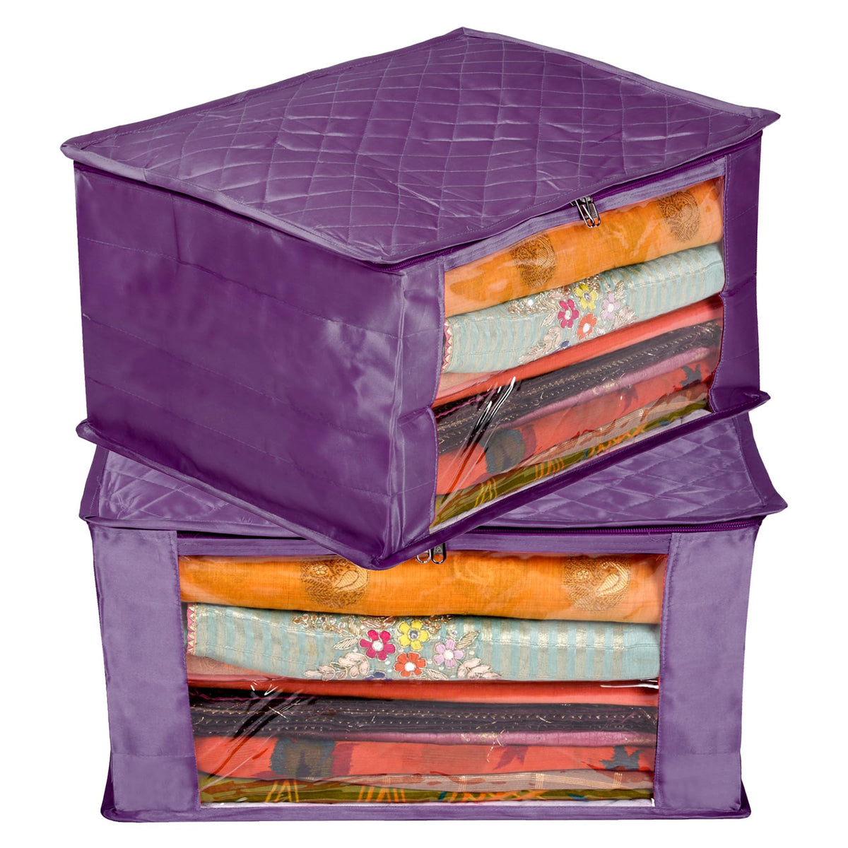 Heart Home Saree Cover | Zip Closure Saree Cover | Clothes Storage Bag | Wardrobe Organiser for Suit | Transparent Window Saree Cover | 9 inch | Pack of 2 | Purple