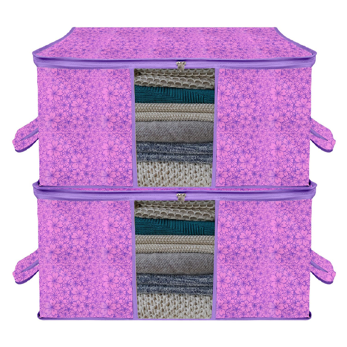 Heart Home Underbed Storage Bag | Clothes Storage Organizer | Blanket Cover with Clear Window | Zipper Closure & Handle Cloth Organizer | Flower-Design | Large | Pack of 2 | Purple