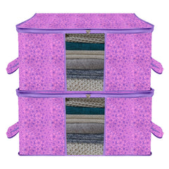 Heart Home Underbed Storage Bag | Clothes Storage Organizer | Blanket Cover with Clear Window | Zipper Closure & Handle Cloth Organizer | Flower-Design | Large | Pack of 2 | Purple
