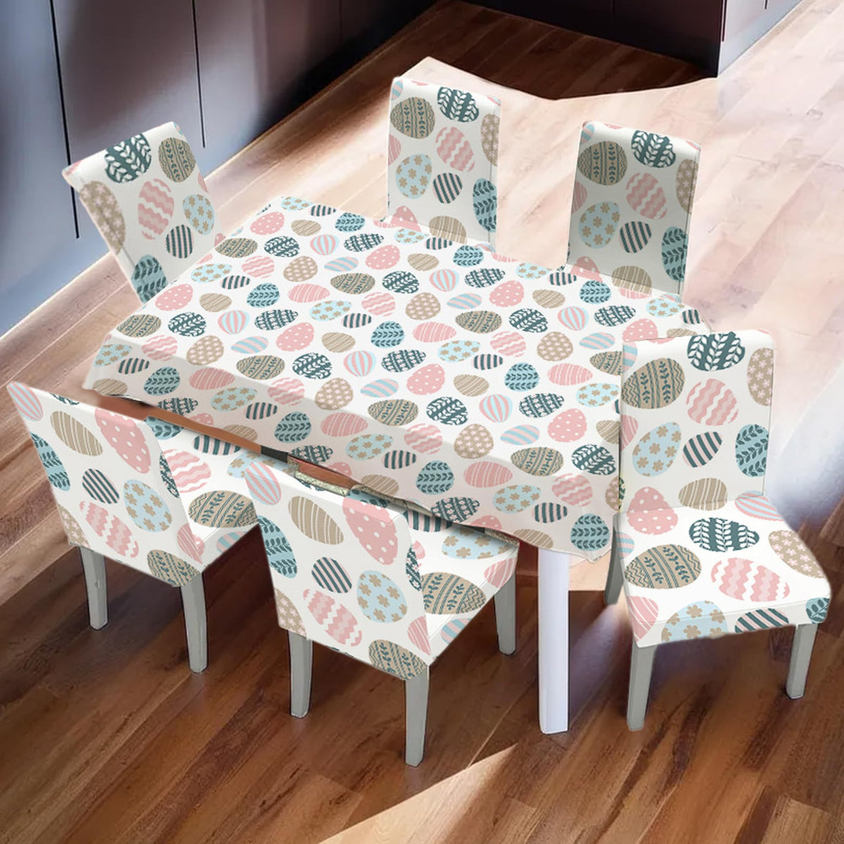 Heart Home Set of 7 Waterproof & Oil Repellent Dining Table Chair Cover 6 Seater Full Set | Washable & Dustproof Table & Seat Cover Protector Slipcover Cloth | Easter Egg Pattern