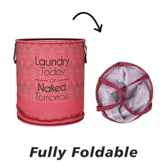 Kuber Industries Laundry Basket | Non-Woven Round Laundry Basket | Clothes Storage Hamper | Foldable Laundry Bag with Handle | Toy Storage Basket | Golden-Print | 45 LTR | Maroon