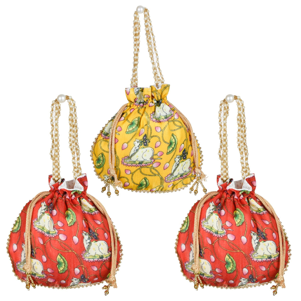Kuber Industries Potli|Silk Wedding Potli|Wallet Potli|Christmas Gift Potli|Baby Shower Potli|Traditional Shagun Potli|Drawstring with Beads Handle Potli|Cow-Design Patli Potli|Pack of 3|Multi