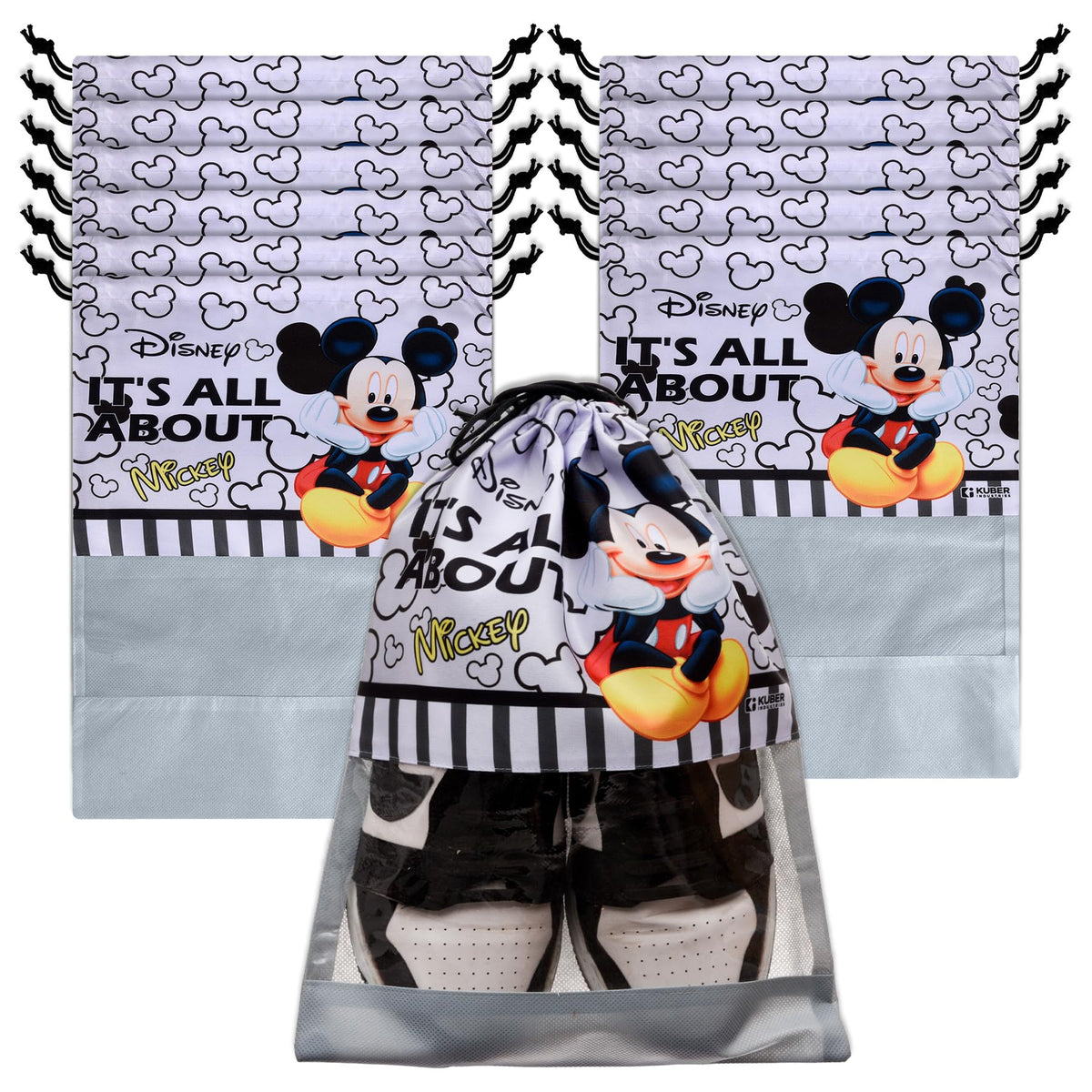 Heart Home Disney Mickey Shoe Cover | Travel Shoe Storage Bags | Polyester Storage Bag | Drawstring Shoe Cover | Shoe Organizer with Clear window | Pack of 12 | Gray