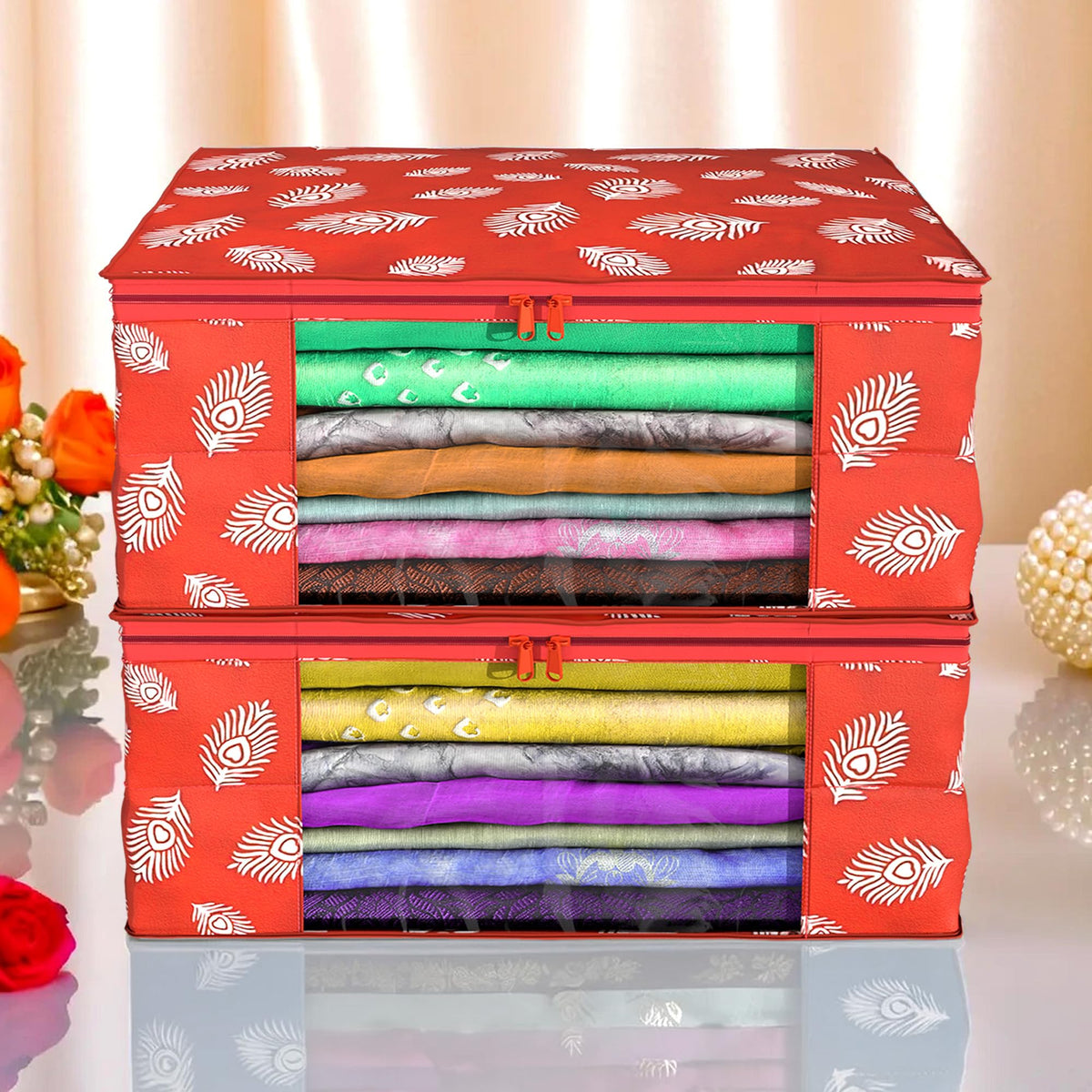 Heart Home Saree Cover | Clothes Storage Bag | Storage Organizer Bag | Zip Closure Saree Cover | Wardrobe Organizer | Peacock Feather-Design | 6 Inch | Pack of 2 | Red