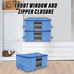 Heart Home Underbed Storage Bag | Clothes Storage Organizer | Blanket Cover with Clear Window | Zipper Closure & Handle Cloth Organizer | Lahariya-Design | Large | Pack of 4 | Blue