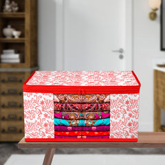 Heart Home Saree Cover | Zip Closure Saree Cover | Clothes Storage Bag | Wardrobe Organiser | Transparent Window Saree Cover | Leaf-Design | 9 inch | Pack of 6 | Red