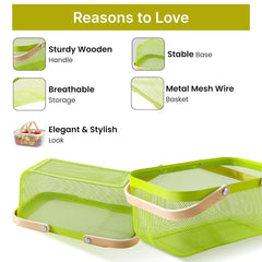 Kuber Industries Rectangular Metal Mesh Basket for Storage with wooden handle | 720 Gm | Fruit Basket and Vegetable Basket for Kitchen | Kitchen Organizer |Multipurpose |Green |Pack of 2