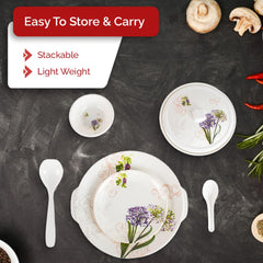 Kuber Industries 32 Pieces Round Melamine Microwave & Dishwasher Safe Dinnerware Kitchen Crockery Set | Glossy Dinner Sets & Kitchen Set for Home | Stylon Purple Floral - White