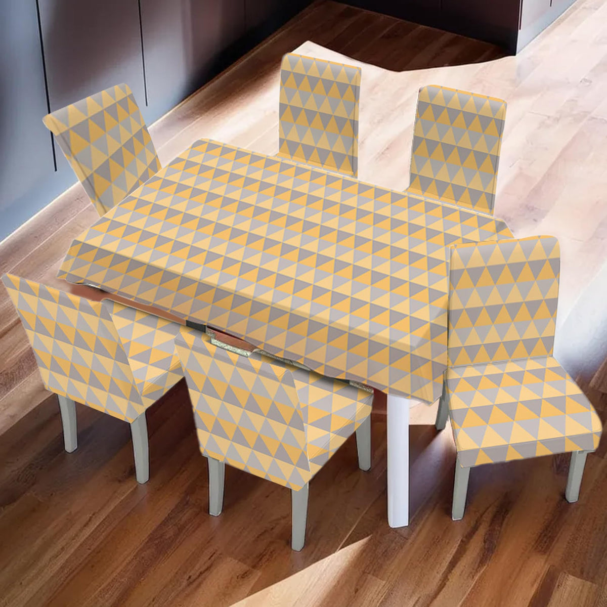 Heart Home Set of 7 Waterproof & Oil Repellent Dining Table Chair Cover 6 Seater Full Set | Washable Seat Cover Protector Slipcover Cloth | Geometric Yellow & Grey Triangle Design